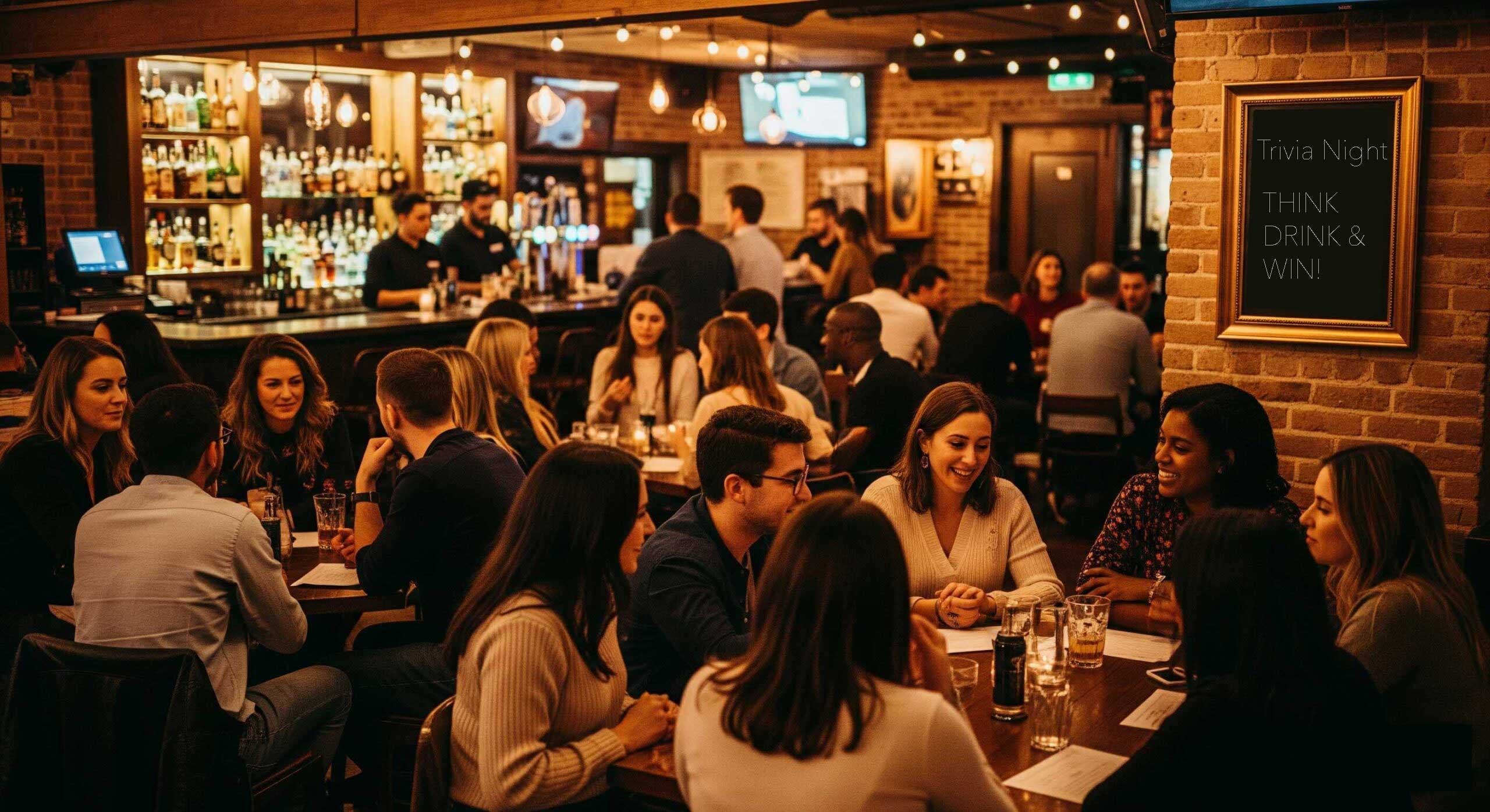 Friends playing trivia at a lively bar